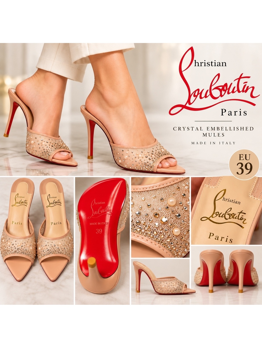 Christian Louboutin Paris Crystal Embellished Mules Nude Red Sole EU 39